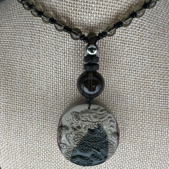 Black and Grey Polychrome Jasper Dragon Pendant Necklace on Beaded Cord - Picture 9 of 10